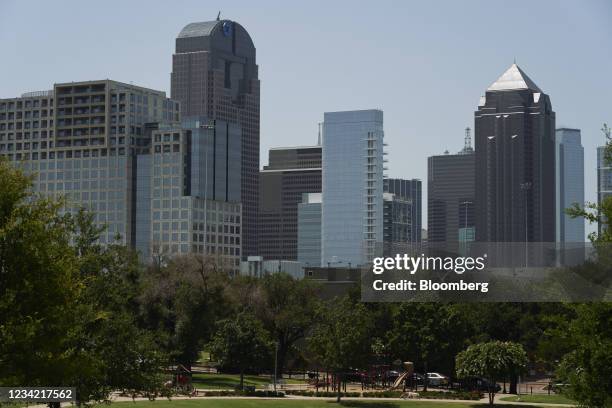 Chase Tower, left, in Dallas, Texas, U.S., on Monday, July 26, 2021. Heat bears down on Texas and the Great Plains this week, driving temperatures in...