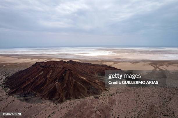 Aerial view of salt layers left by the Sea of Cortez near Mexicali, Baja California state, Mexico on July 24, 2021. - The Gulf of California, also...
