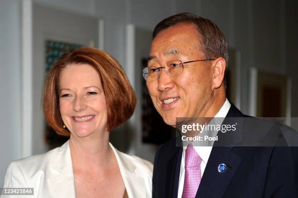 Secretary General Ban Ki-moon chats with Australian Prime Minister Julia Gillard at Parliament House on September 3, 2011 in Canberra, Australia. The...