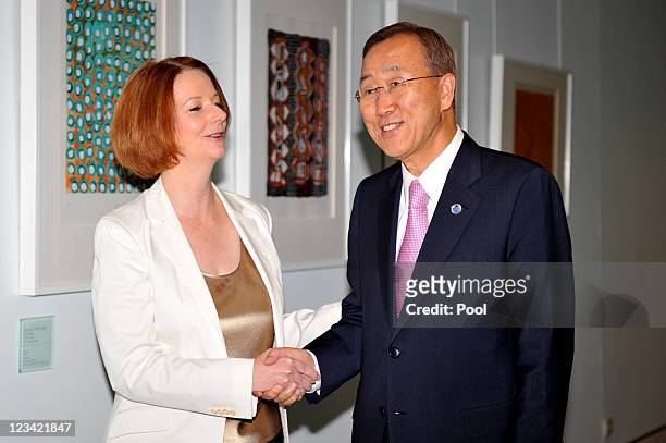 Secretary General Ban Ki-moon chats with Australian Prime Minister Julia Gillard at Parliament House on September 3, 2011 in Canberra, Australia. The...