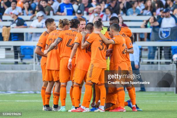 Houston Dynamo defender Tim Parker talks to his teammates at the beginning of the match between the Houston Dynamo and the San Jose Earthquakes on...