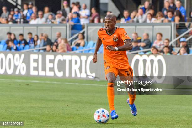 Houston Dynamo midfielder Fafa Picault moves the ball toward the goal during the match between the Houston Dynamo and the San Jose Earthquakes on...