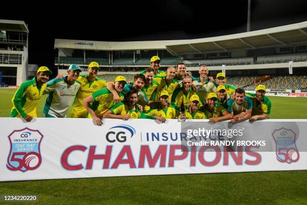 Australia ODI team poses for a photo after winning the 3rd and final ODI between West Indies and Australia at Kensington Oval, Bridgetown, Barbados,...