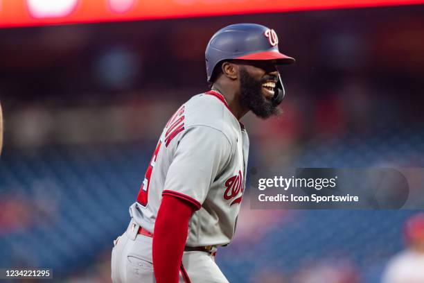 Washington Nationals second baseman Josh Harrison reacts after driving in a run during the fourth inning of the Major League Baseball game between...