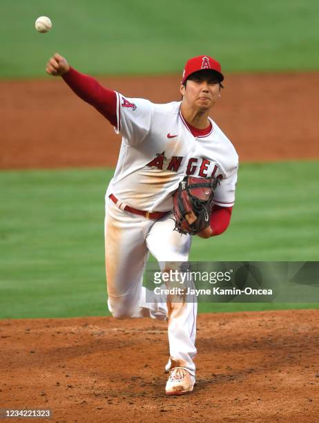 Shohei Ohtani of the Los Angeles Angels pitches in the second inning of the game against the Colorado Rockies at Angel Stadium of Anaheim on July 26,...