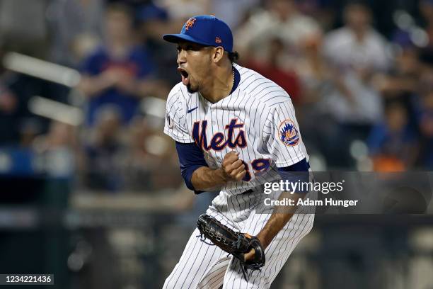 Edwin Diaz of the New York Mets reacts after the final out in the seventh inning against the Atlanta Braves during game two of a doubleheader at Citi...