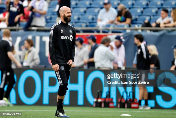 Montréal assistant coach Laurent Ciman before a match between the New England Revolution and CF Montreal on July 25 at Gillette Stadium in...