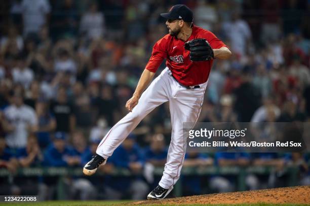 Matt Barnes of the Boston Red Sox delivers a pitch during the ninth inning of a game against the Toronto Blue Jays on July 26, 2021 at Fenway Park in...
