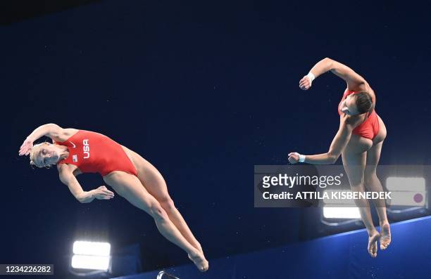 S Delaney Schnell and USA's Jessica Parratto compete in the women's synchronised 10m platform diving final event during the Tokyo 2020 Olympic Games...