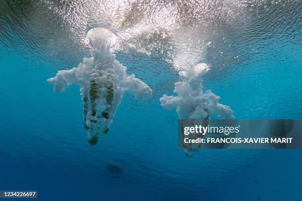 An underwater view shows USA's Delaney Schnell and USA's Jessica Parratto competing in the women's synchronised 10m platform diving final event...