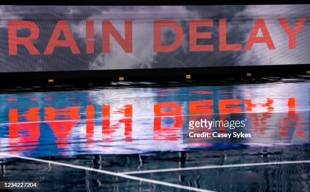Rain delay sign is displayed at the Truist Atlanta Open at Atlantic Station on July 26, 2021 in Atlanta, Georgia.