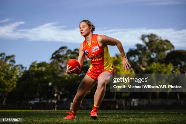 Number 1 AFLW draft pick for 2021, Charlie Rowbottom of the Oakleigh Chargers poses for a photograph in her Gold Coast Suns uniform at Glenferrie...