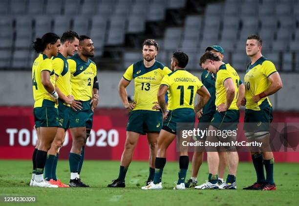 Tokyo , Japan - 27 July 2021; Australia players following the Men's Rugby Sevens quarter-final match between Fiji and Australia at the Tokyo Stadium...
