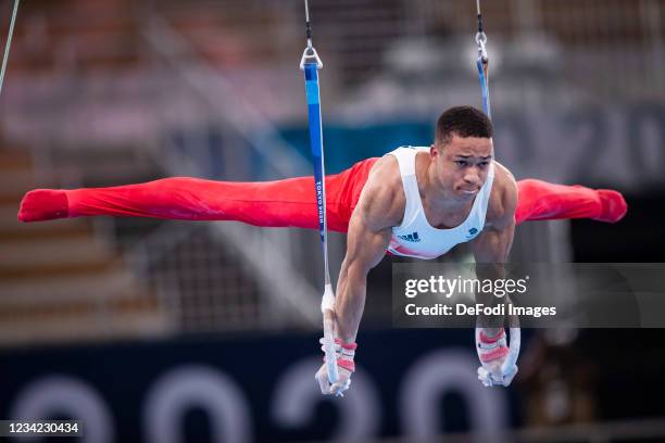 Joe Fraser of Great Britain competes at the rings on day three during the final of men in gymnastics at the Olympic Games 2020 at Ariake Gymnastics...