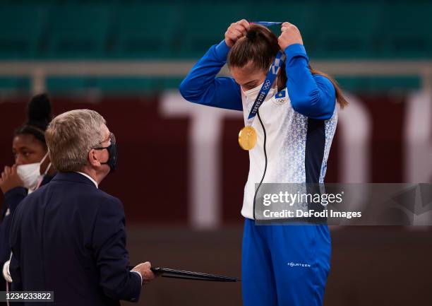 Nora Gjakova of Kosovo at the presentation of the gold medal for the Womens Judo 57kg event during Judo on day three of the Tokyo 2020 Olympic Games...