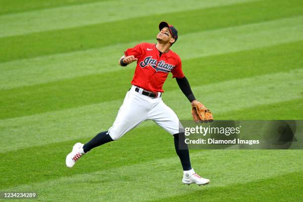 Cesar Hernandez of the Cleveland Indians fields a fly ball off the bat of Randy Arozarena of the Tampa Bay Rays in the third inning at Progressive...