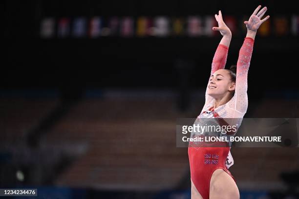Britain's Jennifer Gadirova competes in the balance beam event of the artistic gymnastics women's team final during the Tokyo 2020 Olympic Games at...