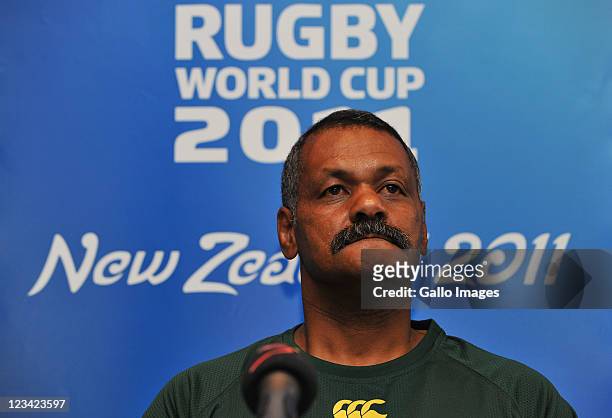Springbok head coach Peter de Villiers speaks during a South Africa IRB Rugby World Cup 2011 press conference at The Intercontinental Hotel on...