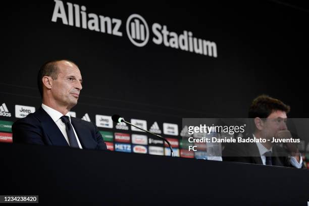Juventus coach Massimiliano Allegri with Andrea Agnelli during a press conference at Allianz Stadium on July 27, 2021 in Turin, Italy.