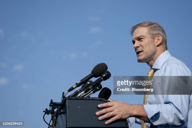 Representative Jim Jordan, a Republican from Ohio, speaks during a news conference outside the U.S. Capitol in Washington, D.C., U.S., on Tuesday,...