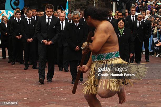 All Blacks captain Richie McCaw is challenged by a traditional Maori warrior during the official IRB Rugby World Cup 2011 New Zealand All Blacks team...
