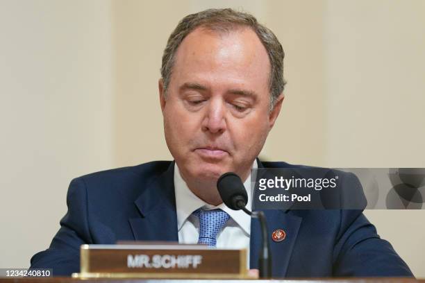 Rep. Adam Schiff becomes emotional as speaks during the House Select Committee investigating the January 6 attack on the U.S. Capitol on July 27,...