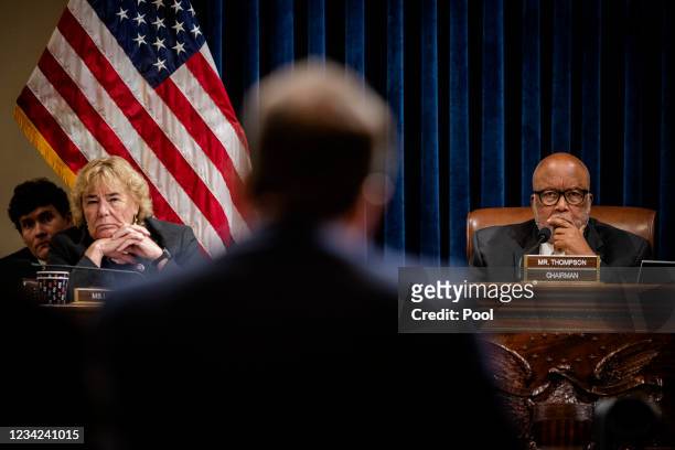 Chair Rep. Bennie Thompson , right, and Rep. Zoe Lofgren , left, listen to DC Metropolitan Police Officer Daniel Hodges testify before the House...