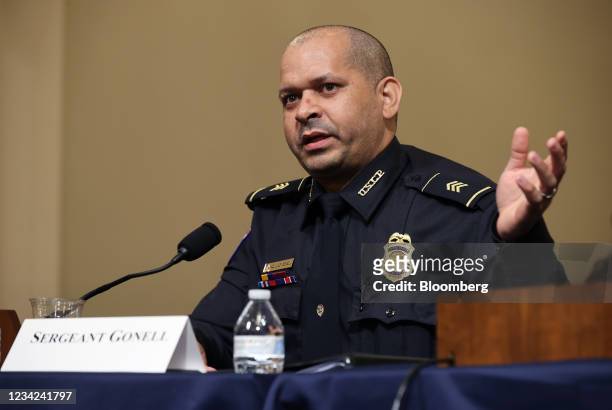 Aquilino Gonell, sergeant with the U.S. Capitol Police, speaks during a hearing for the Select Committee to Investigate the January 6th Attack on the...