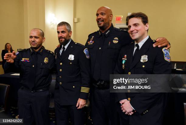Capitol Police sergeant Aquilino Gonell; Metropolitan Police Department Officer Michael Fanone; US Capitol Police Officer Harry Dunn and Metropolitan...