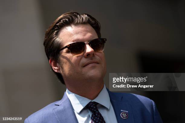 Rep. Matt Gaetz attends a news conference outside the U.S. Department of Justice on July 27, 2021 in Washington, DC. A group of far-right...