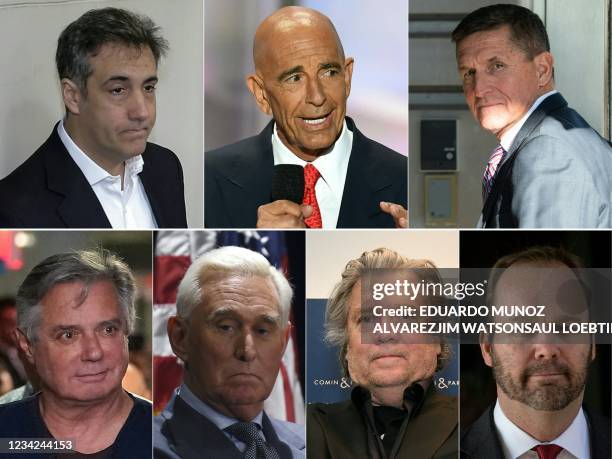 This combination of file pictures created on July 20, 2021 shows Michael Cohen, the former lawyer for US President Donald Trump on May 6, 2019 in New...