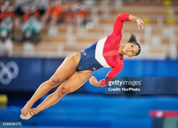 Jordan Chiles of United States of America during women's Artistic Gymnastics team final at the Olympics at Ariake Gymnastics Centre, Tokyo, Japan on...