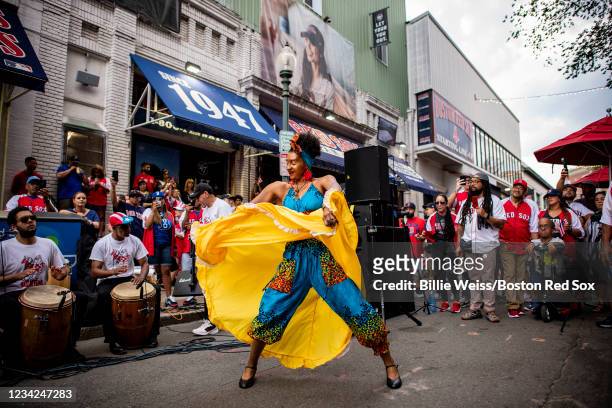 Jorge Arce and Raiz de Plena and Bombazo Borcua perform on Jersey Street during Puerto Rican Heritage Night before a game between the Boston Red Sox...