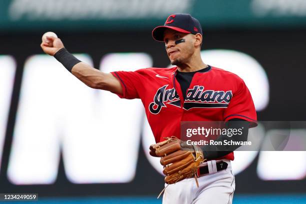 Cesar Hernandez of the Cleveland Indians throws out Tommy Edman of the St. Louis Cardinals at first base during the fifth inning at Progressive Field...