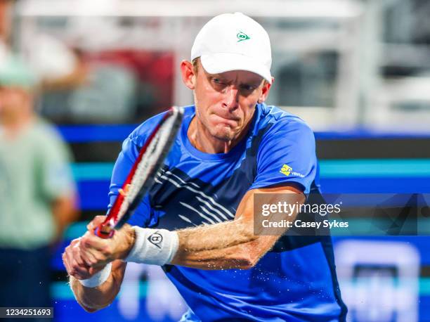 Kevin Anderson of South Africa returns a shot during a match against Nick Kyrgios of Australia at the Truist Atlanta Open at Atlantic Station on July...