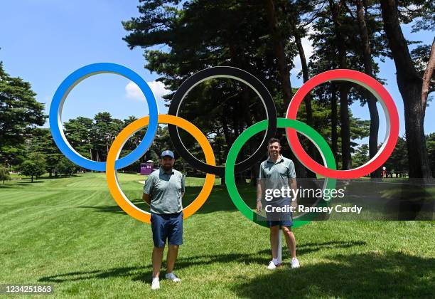 Tokyo , Japan - 28 July 2021; Shane Lowry, left, and Rory McIlroy of Ireland with the Olympic rings during a practice round at the Kasumigaseki...