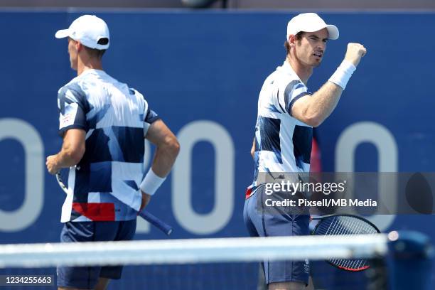 Andy Murray of Great Britain celebrates after a point during his Men's Doubles quaterfinal match with Joe Salisbur of Great Britain against Marin...