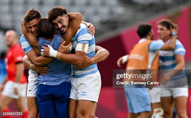 Tokyo , Japan - 28 July 2021; Marcos Moneta, left, and Lucio Cinti of Argentina celebrate following the Men's Rugby Sevens bronze medal match between...