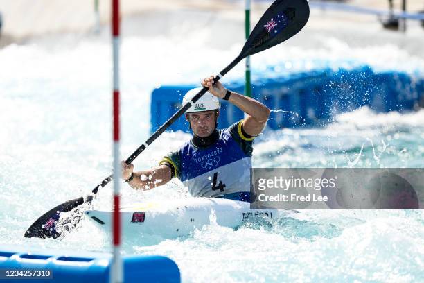 Lucien Delfour of Team Australia competes during the Men's Kayak Slalom Heats 1st Run on day five of the Tokyo 2020 Olympic Games at Kasai Canoe...