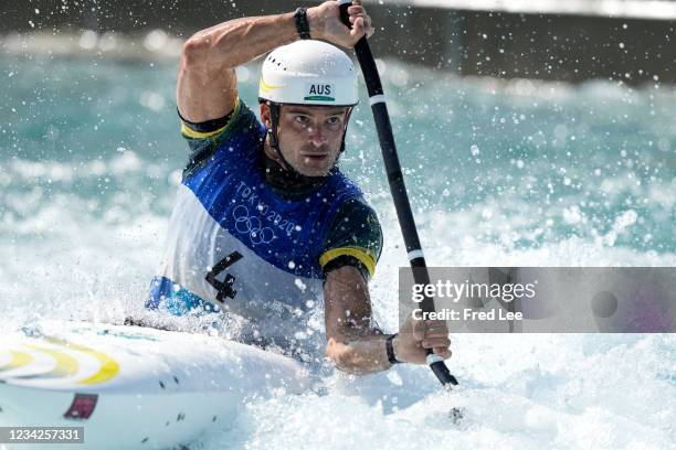 Lucien Delfour of Team Australia competes during the Men's Kayak Slalom Heats 1st Run on day five of the Tokyo 2020 Olympic Games at Kasai Canoe...