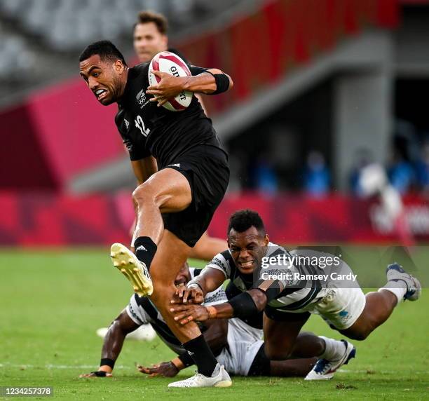 Tokyo , Japan - 28 July 2021; Sione Molia of New Zealand on his way to scoring his side's second try during the Men's Rugby Sevens gold medal match...