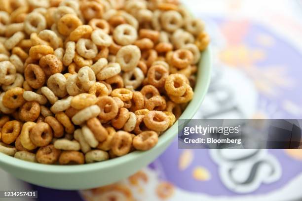 Bowl of Cheerios breakfast cereal, manufactured by Nestle SA, arranged in London, U.K., on Monday, July 26, 2021. Nestle report their half-year...