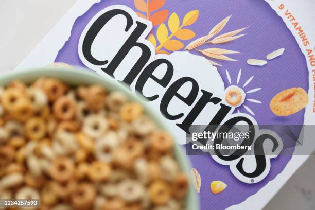 Bowl of Cheerios breakfast cereal, manufactured by Nestle SA, arranged in London, U.K., on Monday, July 26, 2021. Nestle report their half-year...