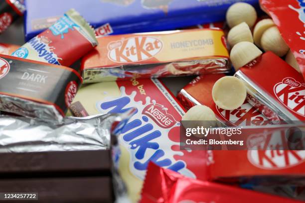 KitKat and Milkybar chocolate products, manufactured by Nestle SA, arranged in London, U.K., on Monday, July 26, 2021. Nestle report their half-year...