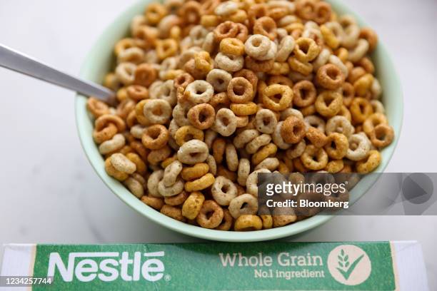 Bowl of Cheerios breakfast cereal, manufactured by Nestle SA, arranged in London, U.K., on Monday, July 26, 2021. Nestle report their half-year...