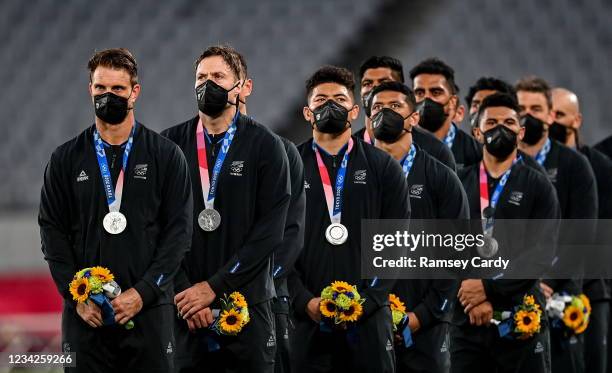 Tokyo , Japan - 28 July 2021; New Zealand players with their silver medals following the Men's Rugby Sevens gold medal match between Fiji and New...