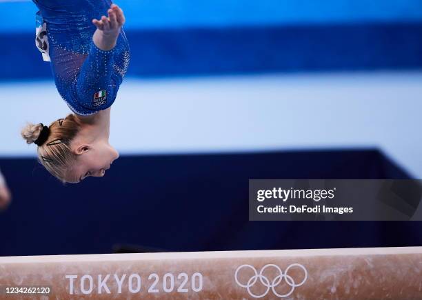 Angela Melnikova of Russian Olympic Commite compete during the women's team final on the balance beam during Artistic Gymnastics on day four of the...