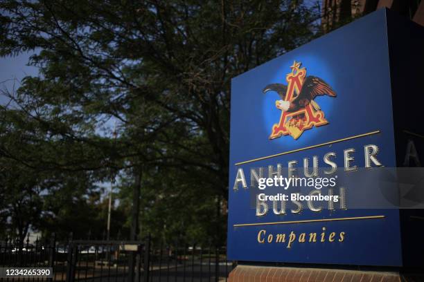 Signage outside the Anheuser-Busch Budweiser bottling facility in St. Louis, Missouri, U.S., on Thursday, July 8, 2021. Anheuser-Busch InBev is...