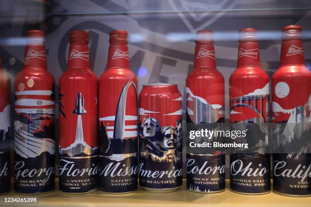 Bottles of Stella Artois brand beer move along the production line at the Anheuser-Busch Budweiser bottling facility in St. Louis, Missouri, U.S., on...