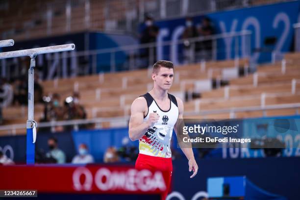 Lukas Dauser of Germany competes at the parallel Bars during Artistic Gymnastics on day five of the Tokyo 2020 Olympic Games at Ariake Gymnastics...